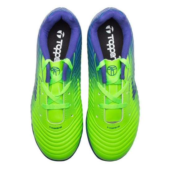 Chuteira Futsal Infantil Topper Forza II Azul e Verde Neon