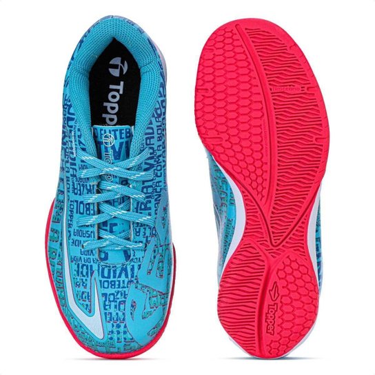 Chuteira Topper Futsal Resenha Azul Rosa e Branco - Infantil