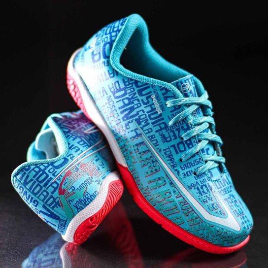 Chuteira Topper Futsal Resenha Azul Rosa e Branco - Infantil